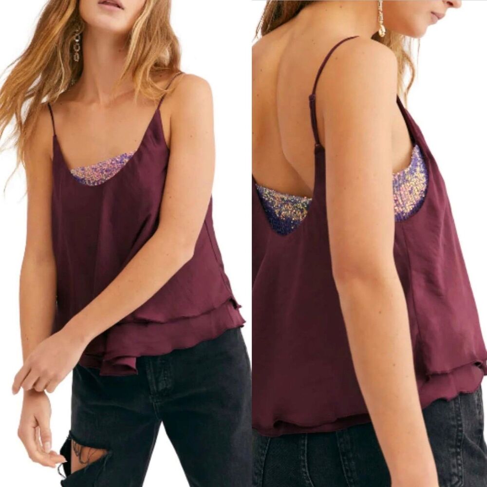 FREE PEOPLE Intimately Turn It On Camisole Sequined Satin Crop Top Womens XS